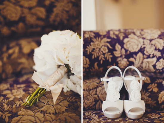 Wedding bouquet and shoes on floral patterned fabric