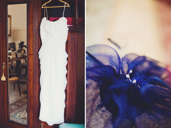 Wedding day attire featuring a gown and navy blue hat
