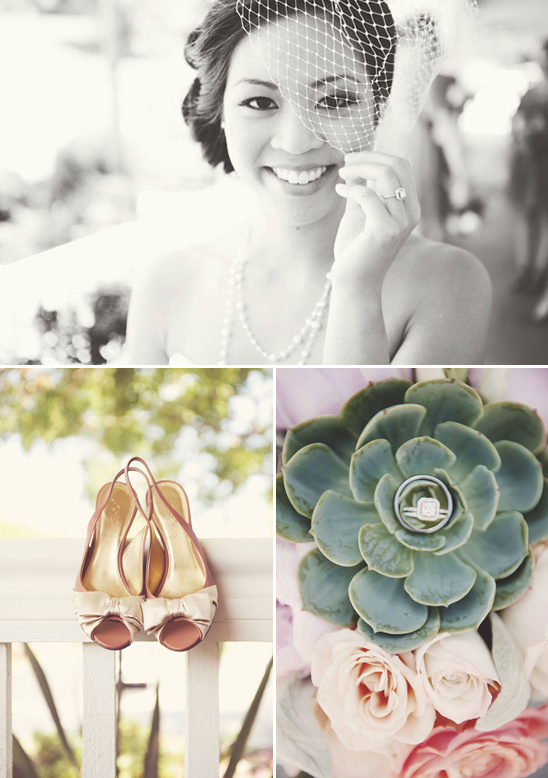 Bride smiling, wedding shoes, succulent ring holder