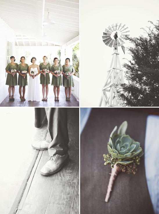 Rustic wedding collage: bridesmaids, windmill, groom