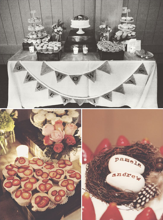 Wedding dessert table with cupcakes, cake, and names
