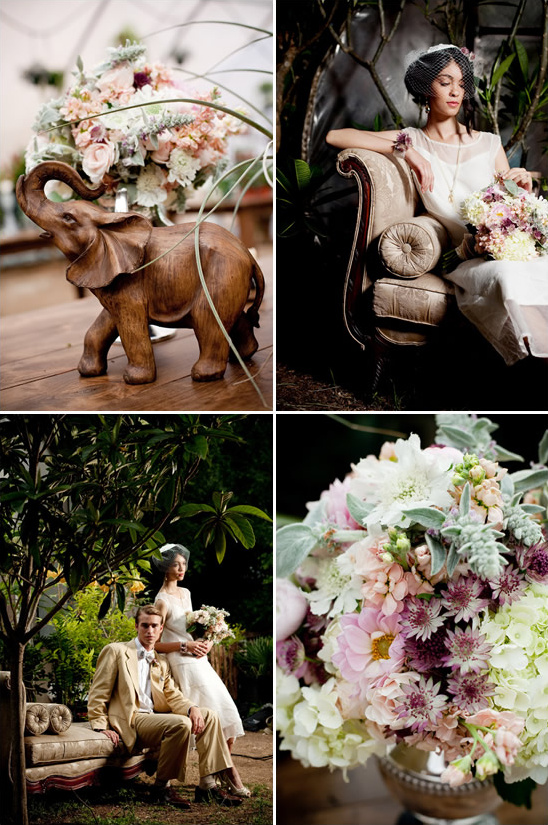 Elegant vintage wedding decor with floral bouquets and elephant statue