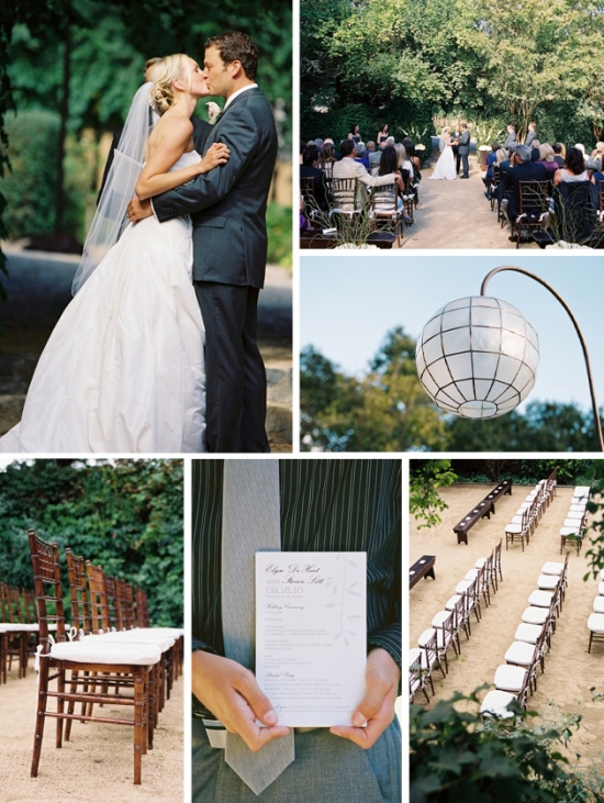 Romantic outdoor wedding scenes with couples and guests gathered