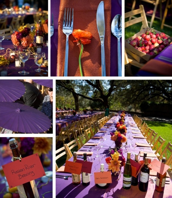 Elegant outdoor wedding reception with purple tablecloths