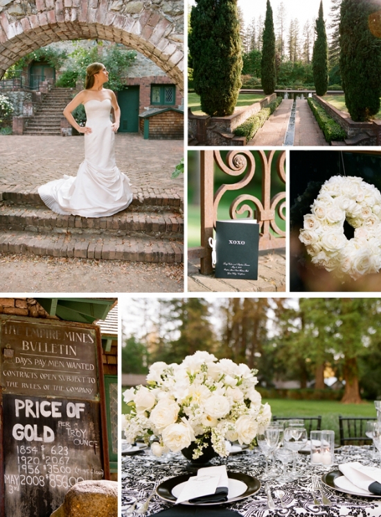 Elegant wedding details: bride, venue, flowers, and program