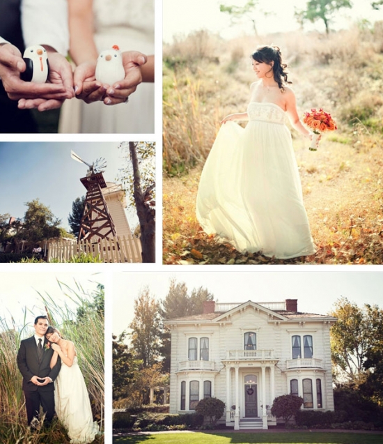 Rustic wedding collage: bride, couple, windmill, home