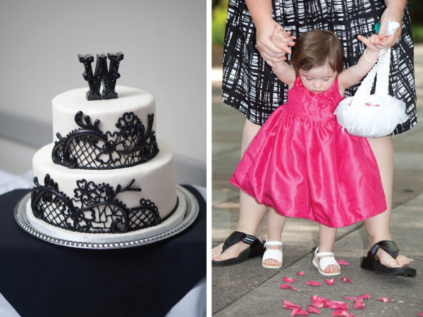 Wedding cake and flower girl in a pink dress photo