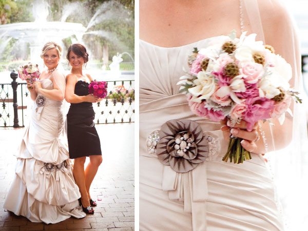 Bridesmaids in wedding dresses holding pink bouquets
