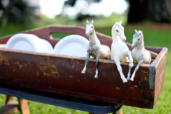 Toy horses and plates in rustic wooden box