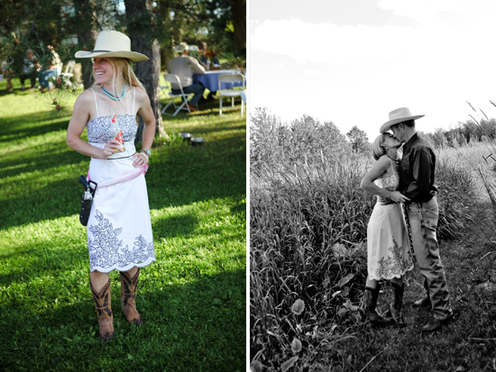 Cowgirl in white dress, boots, and hat enjoys a summer day