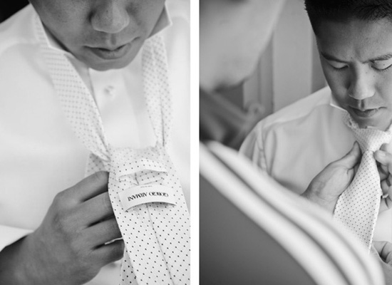 Man tying polka dot tie, formal wear
