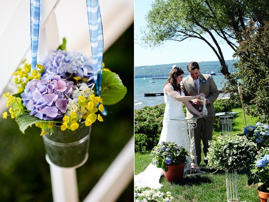 Lakeside wedding ceremony with blue hydrangea flowers
