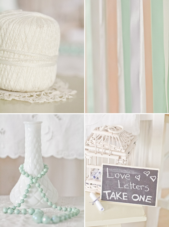 White yarn, pastel ribbons, milk glass vase, love letter box