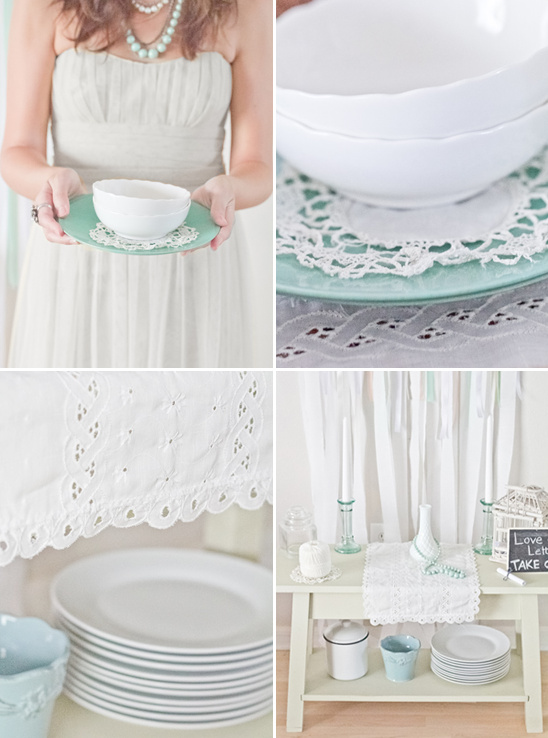 Elegant white bowls and plates on lace