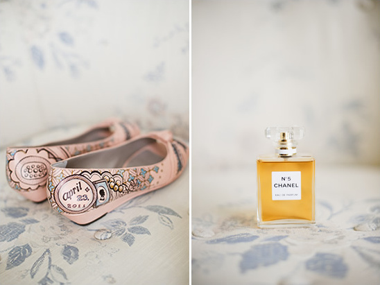 Wedding shoes and Chanel perfume closeup shot