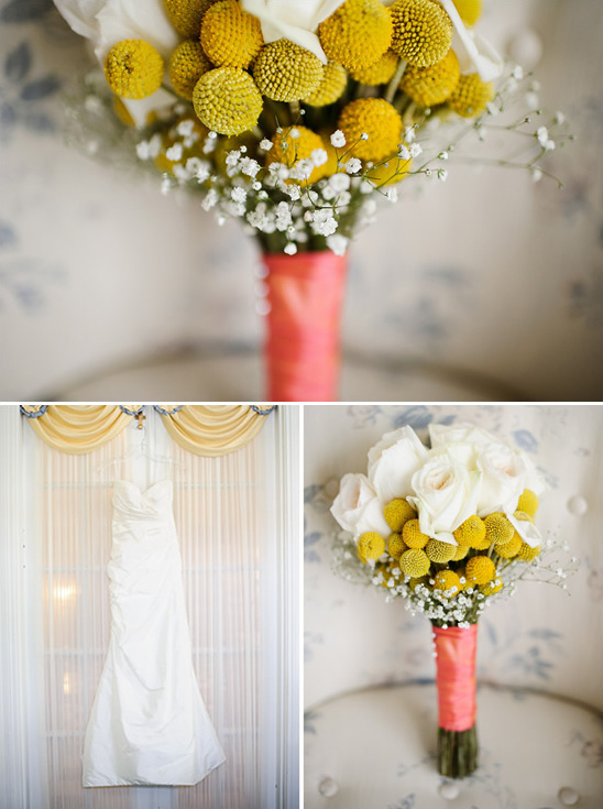 Wedding dress with yellow craspedia flower bouquets
