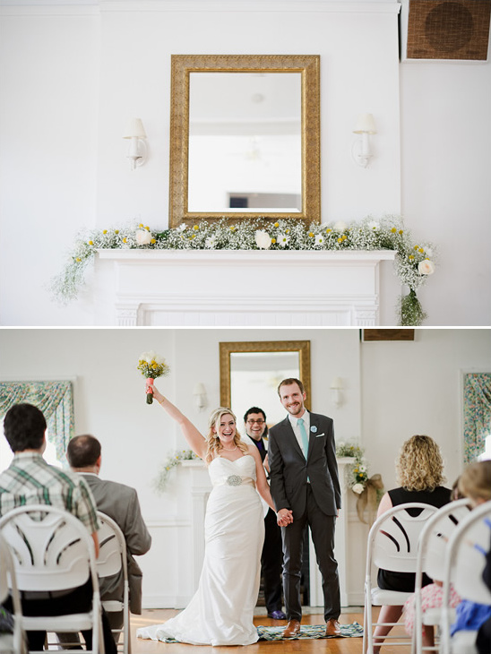 Newlyweds celebrating at a wedding ceremony indoors