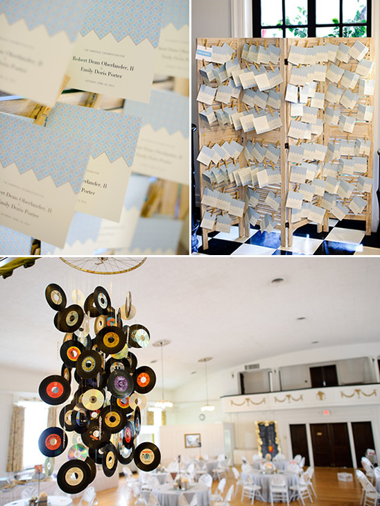 Wedding reception with record chandelier seating cards