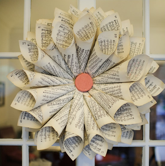 Sheet music flower wreath for wall decor projects