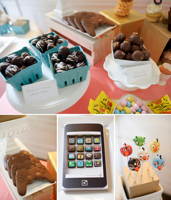 Whimsical dessert table with cake pops and chocolate candies