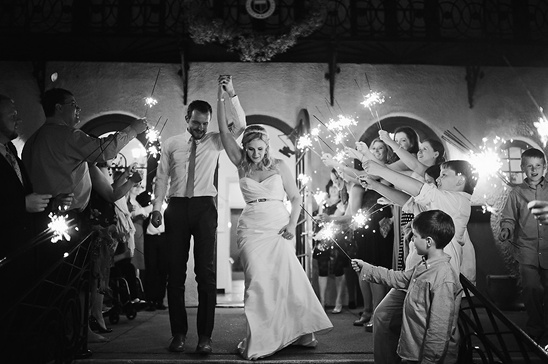 Black and white wedding send off with sparklers