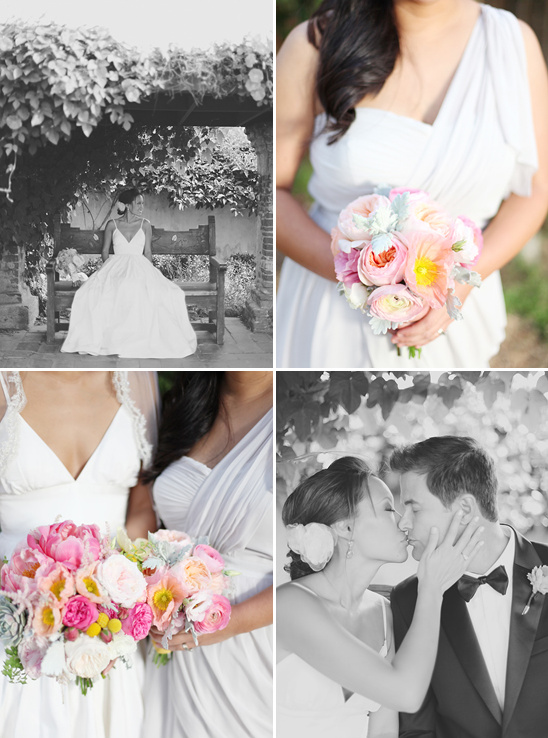 Wedding photos, bridal bouquets, couple kissing