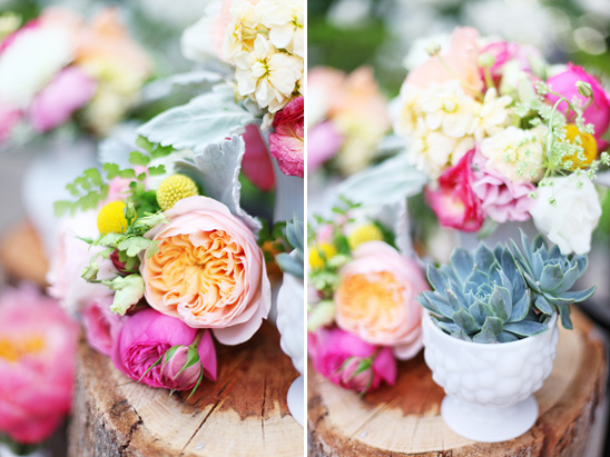 Colorful floral arrangements with roses and succulents