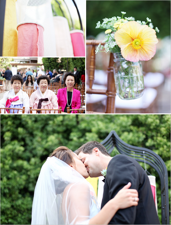 Wedding ceremony with colorful decorations and happy couple