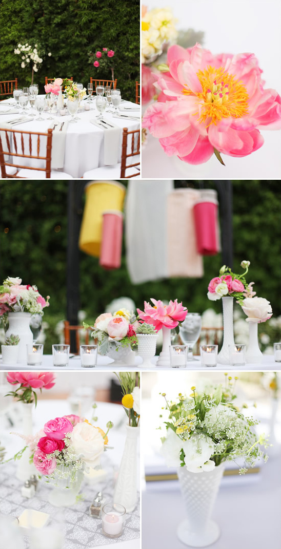 Pink flowers in white vases