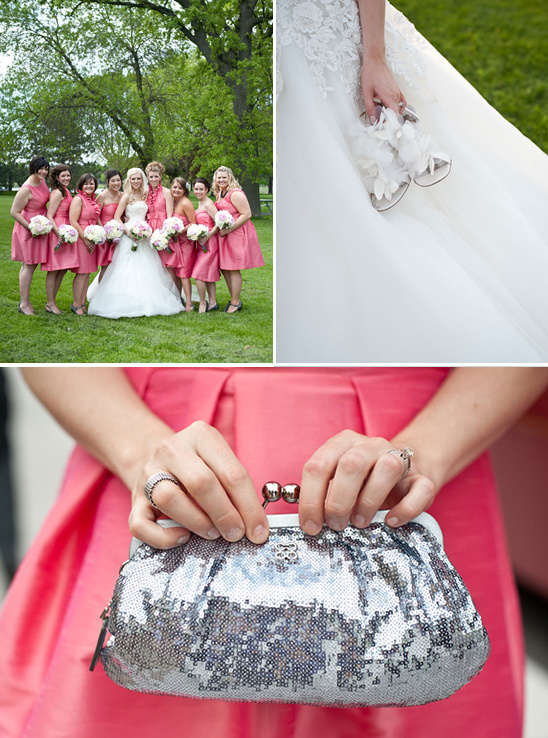 Bridal party in coral dresses and silver clutch