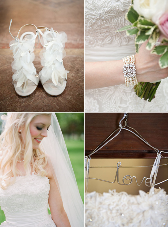 Bridal shoes, dress, bouquet, jewelry, and love hanger