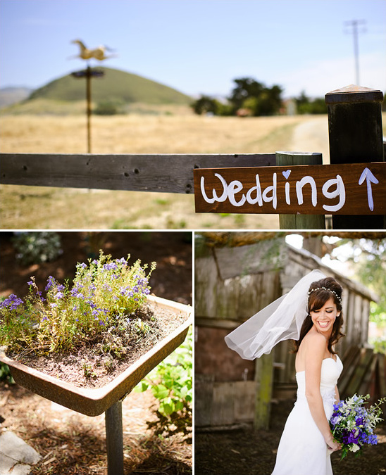 Rustic wedding details sign flowers and happy bride