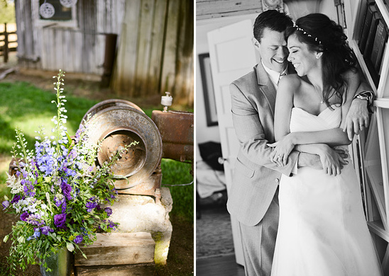 Rustic wedding flowers with bride and groom portrait