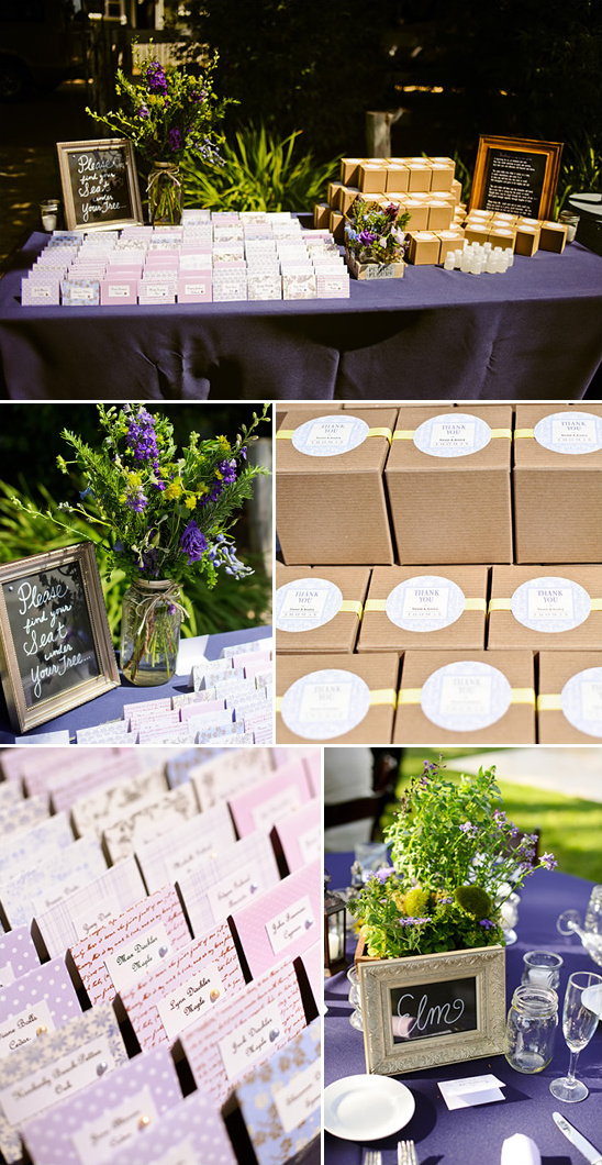 Wedding reception table with place cards and favors