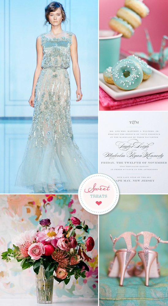 Mint wedding inspiration: dress, donuts, flowers, shoes