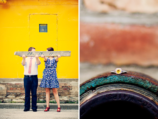 Couple announces engagement with date on wood
