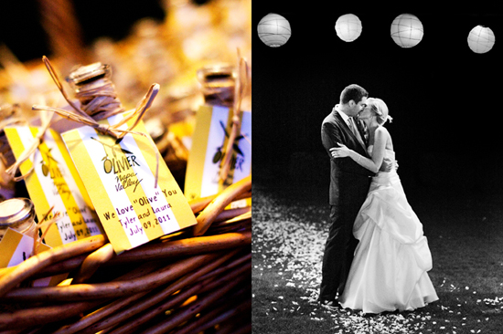 Wedding favors and bride groom kissing under paper lanterns