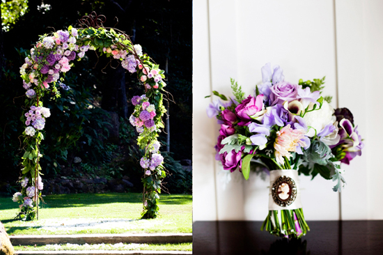Purple floral archway and bouquet