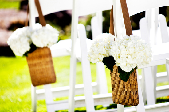 White hydrangeas in woven baskets