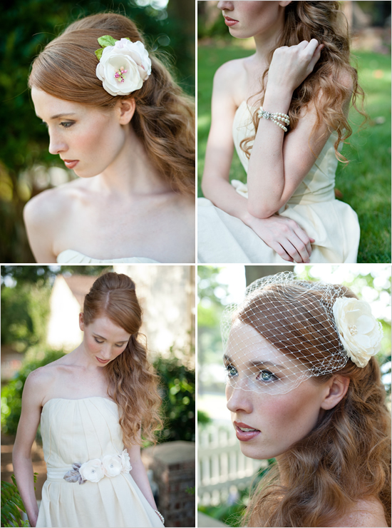 Bride with various hairstyles and floral hair accessories