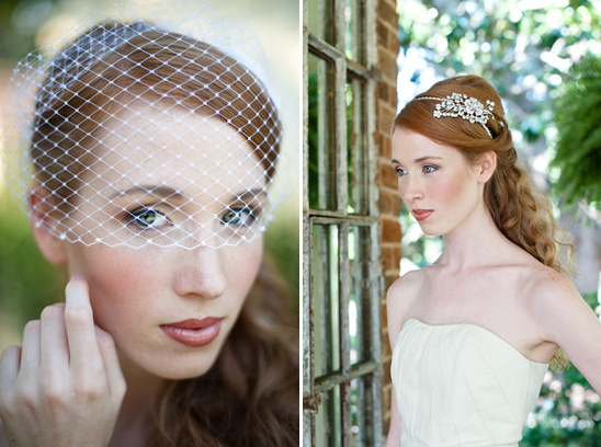 Bridal hair accessories: birdcage veil and jeweled headband