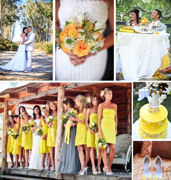 Yellow and gray rustic wedding theme with bridesmaids