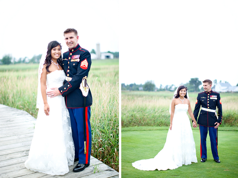Elegant wedding of a bride and a groom in uniform, happy together