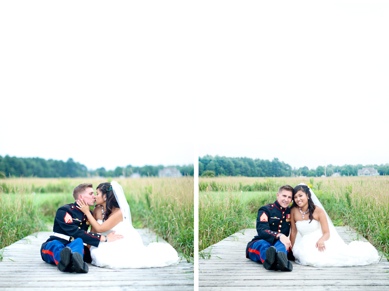 A beautiful wedding photo of a marine and his bride smiling
