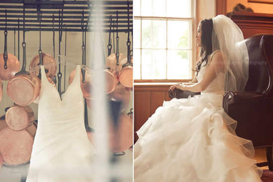 Bride in wedding dress by window