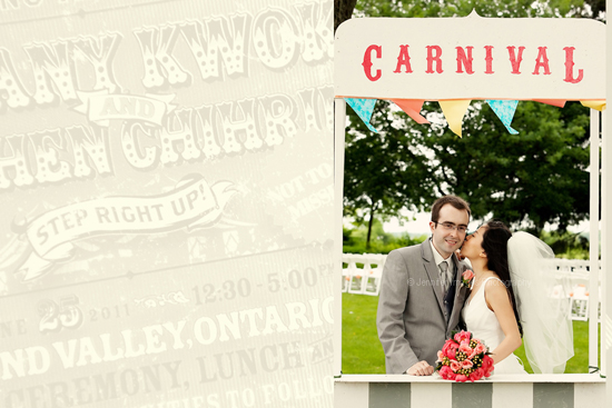 Wedding couple at carnival themed photo booth