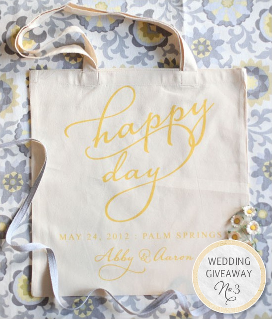 Custom tote bag featuring happy day wedding giveaway
