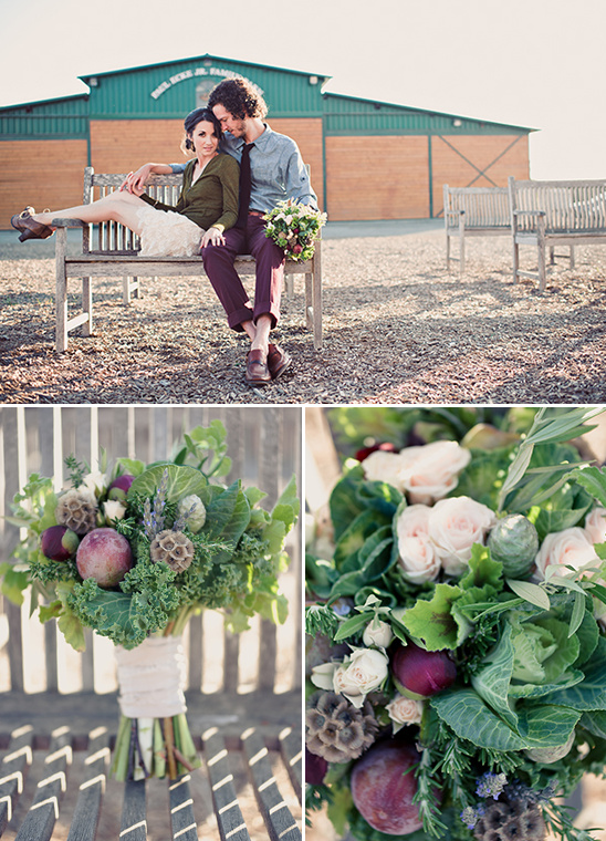 Rustic wedding couple sitting on bench, unique bouquet