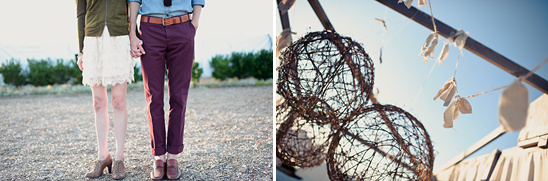 Couple holding hands, rustic outdoor wedding decor