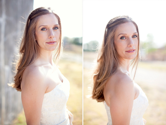 Bride in simple strapless wedding dress